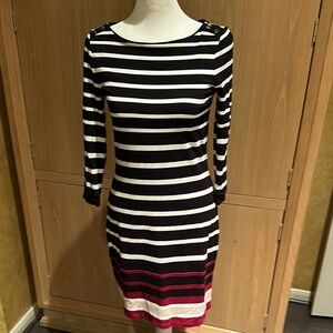 Striped Black and White Dress with Maroon Pinstripe Accents